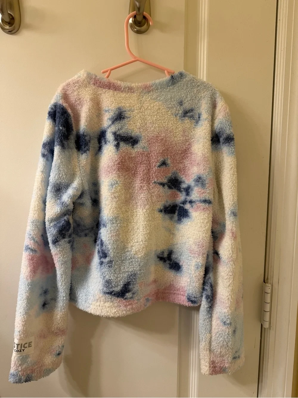 Justice Plush Crewneck Sweater in Cream, Light Blue & Pink Tie-Dye